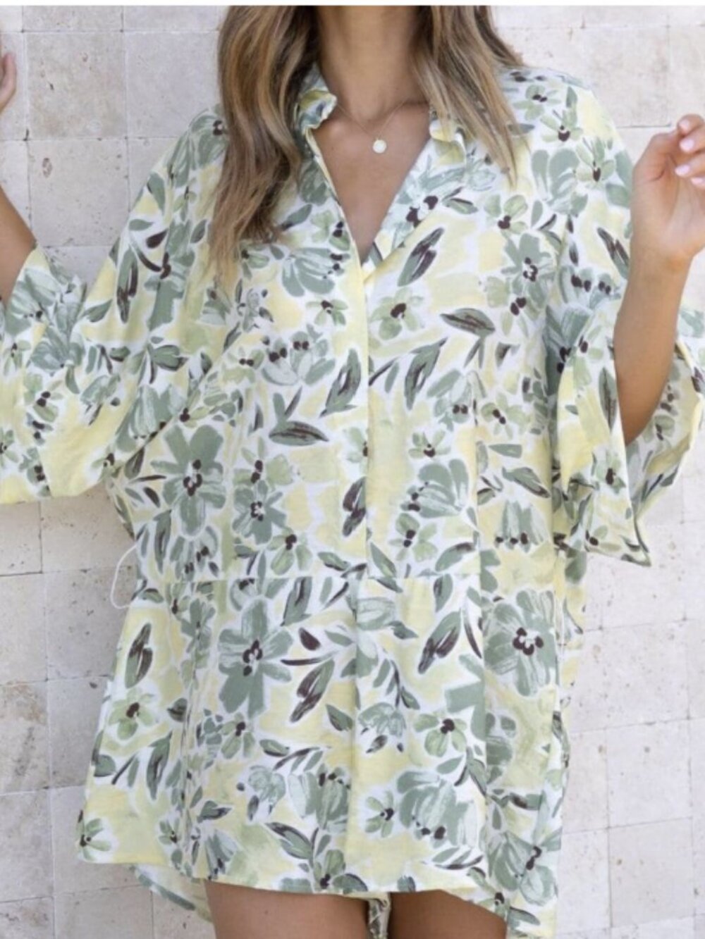 Indikah Green Yellow Floral Button-Up Romper – Size M – Cotton Flowy‎